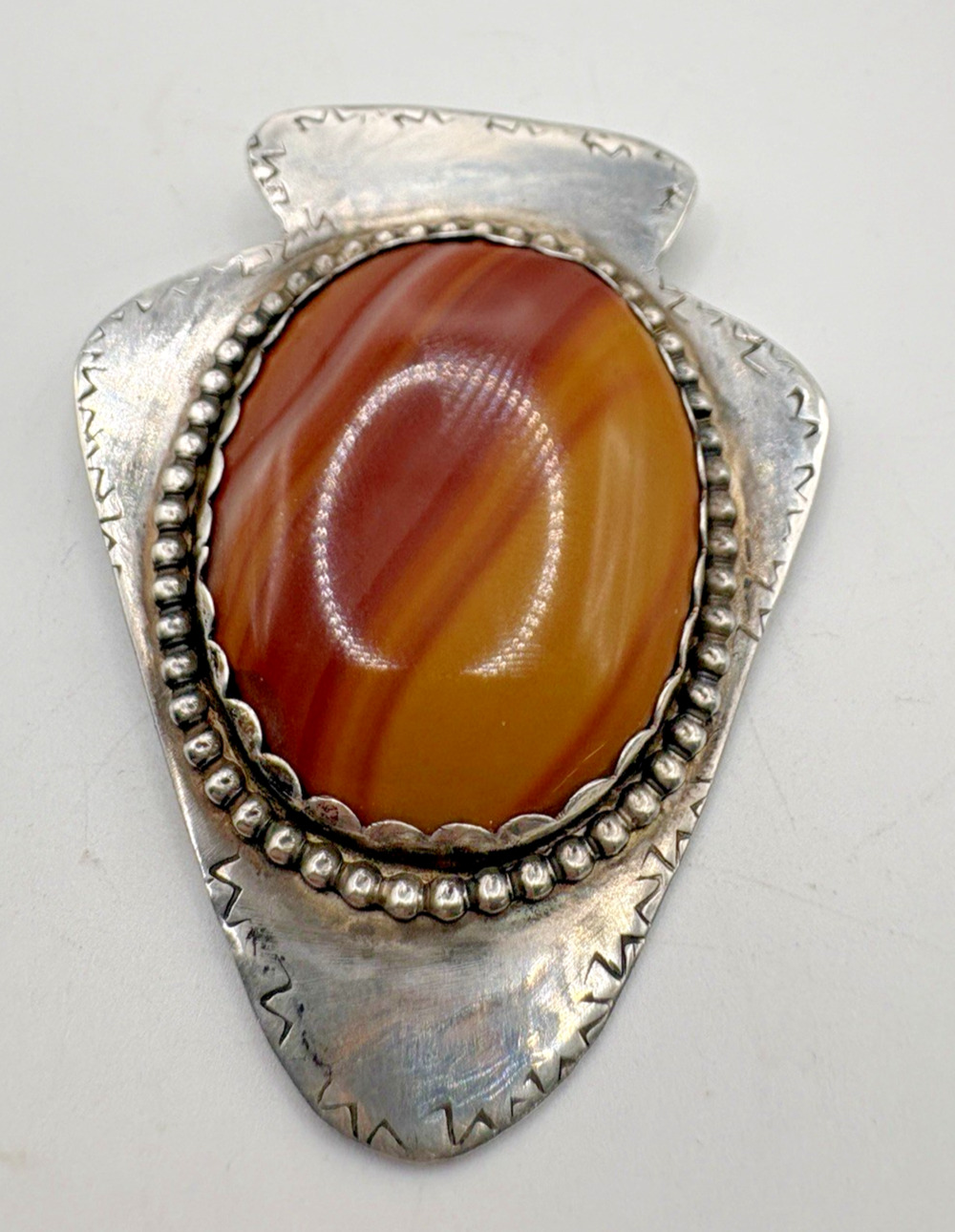 Arrowhead-shaped Large Sterling Silver Banded Agate Pendant Vintage Orange 34.8g